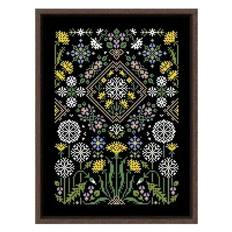 Dandelion sampler cross stitch design DPH339: yellow dandelions, white seed heads and blue cornflowers on black fabric