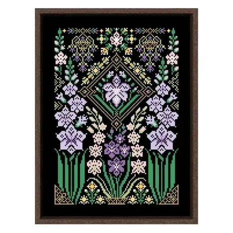 Gladioli sampler cross stitch design DPH340: lilac and pale-pink gladioli with golden bees and stylized baskets on black fabric