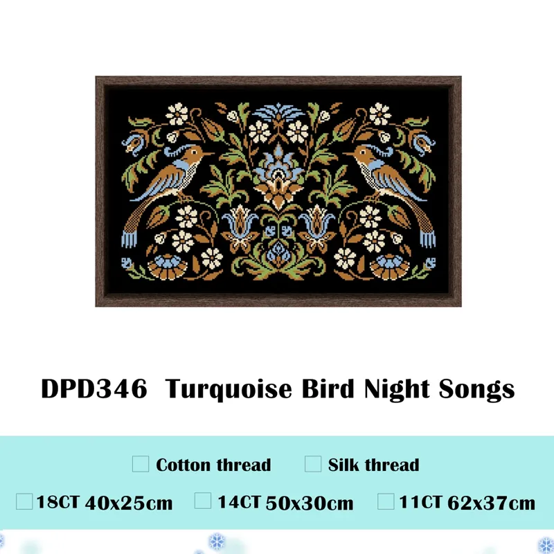 Turquoise folk-bird cross stitch design on black Aida fabric