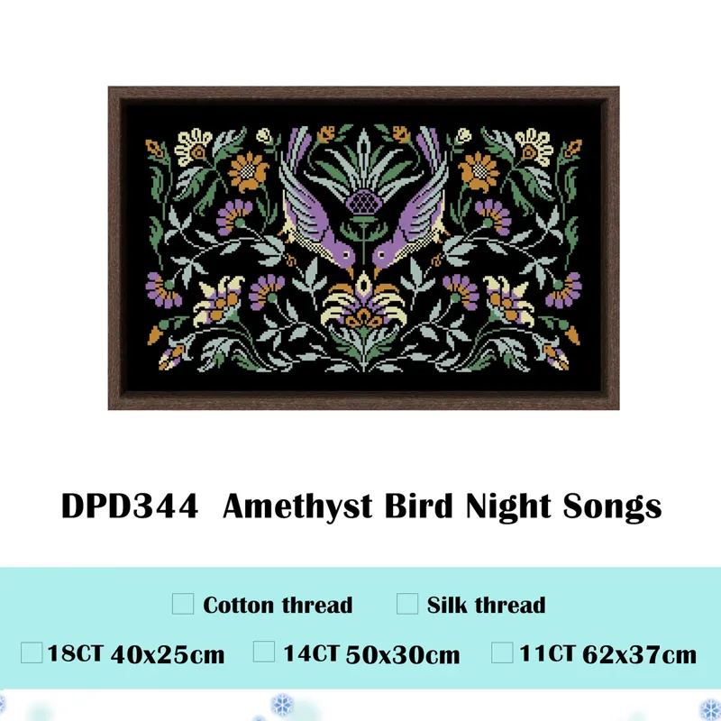 Amethyst folk-bird cross stitch design stitched on black Aida fabric
