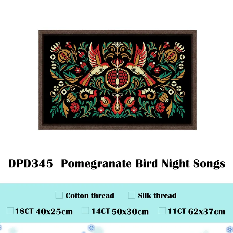 Pomegranate folk-bird cross stitch design on black Aida fabric