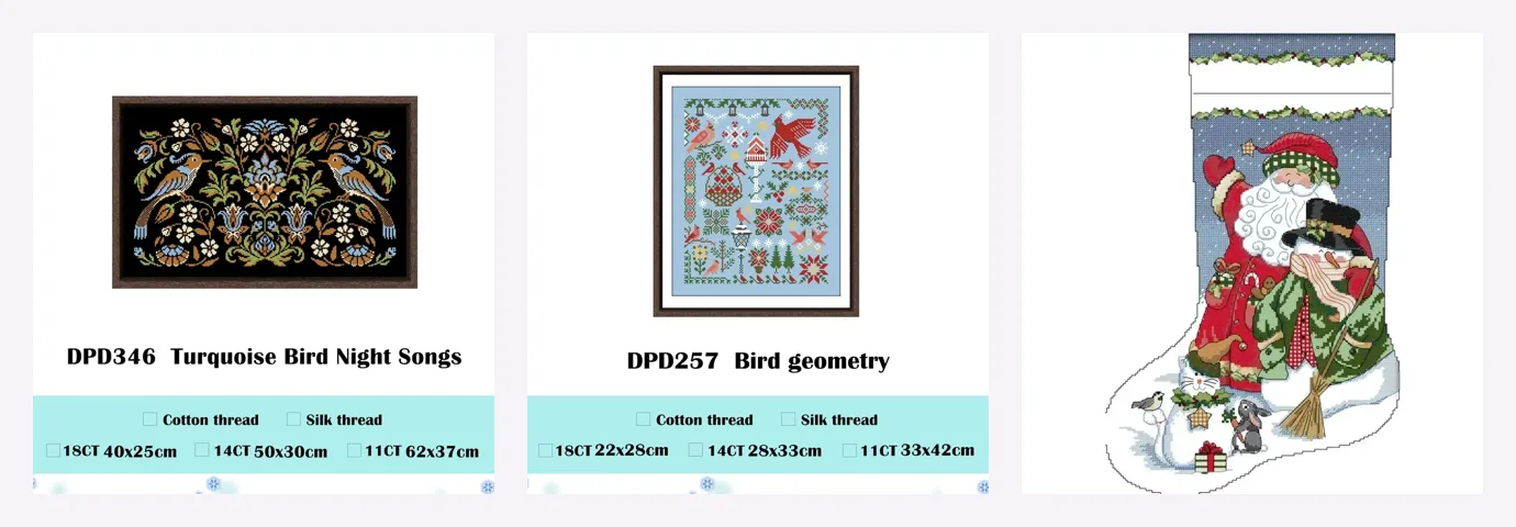 A spread of CozyCross cross stitch kit designs: black-canvas folk birds, sky-blue bird samplers and a Christmas stocking, shown side by side